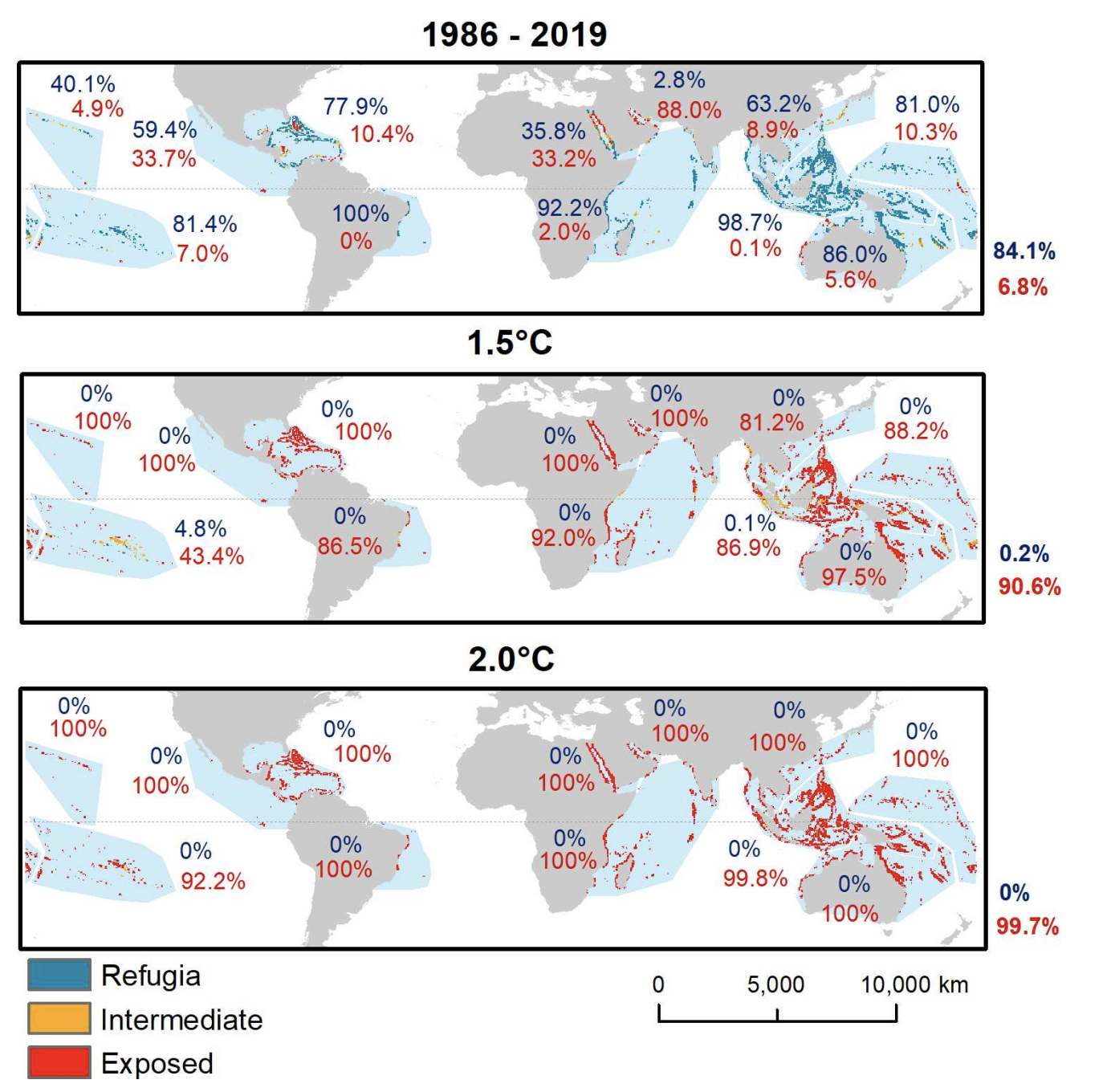 Two-panel map: 1986-2019 baseline vs 1.5°C scenario showing projected loss of thermal refugia for coral reefs.