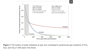 Fraction of pulse emissions remaining in the atmosphere over 1000 years for CO2, N2O and CH4.