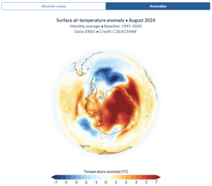 Surface air temperature anomaly over Antarctica - August 2024 (polar view), highlighting an unprecedented winter heatwave.