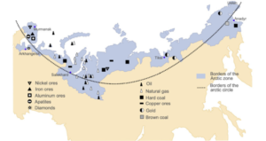 Map of Russian Arctic mineral resources (Nickel, Iron, Aluminum, Apatites, Diamonds, Oil, Natural gas, Hard coal, Copper, Gold, Brown coal) along the Northern Sea Route.