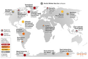 World map: 16 climate tipping points with geographic location, color-coded by temperature threshold (1.5-<2.0, 2.0-3.7, 3.7-6.0, >6 degC).